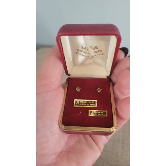 Vintage H&A 1/20 14K Gold Filled Genuine Tourmaline Earrings NOS w/ Box - Picture 1 of 3